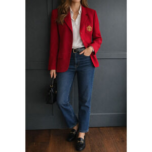 Vintage Rena Rowan Saville Red Wool Equestrian Blazer Gold Crest